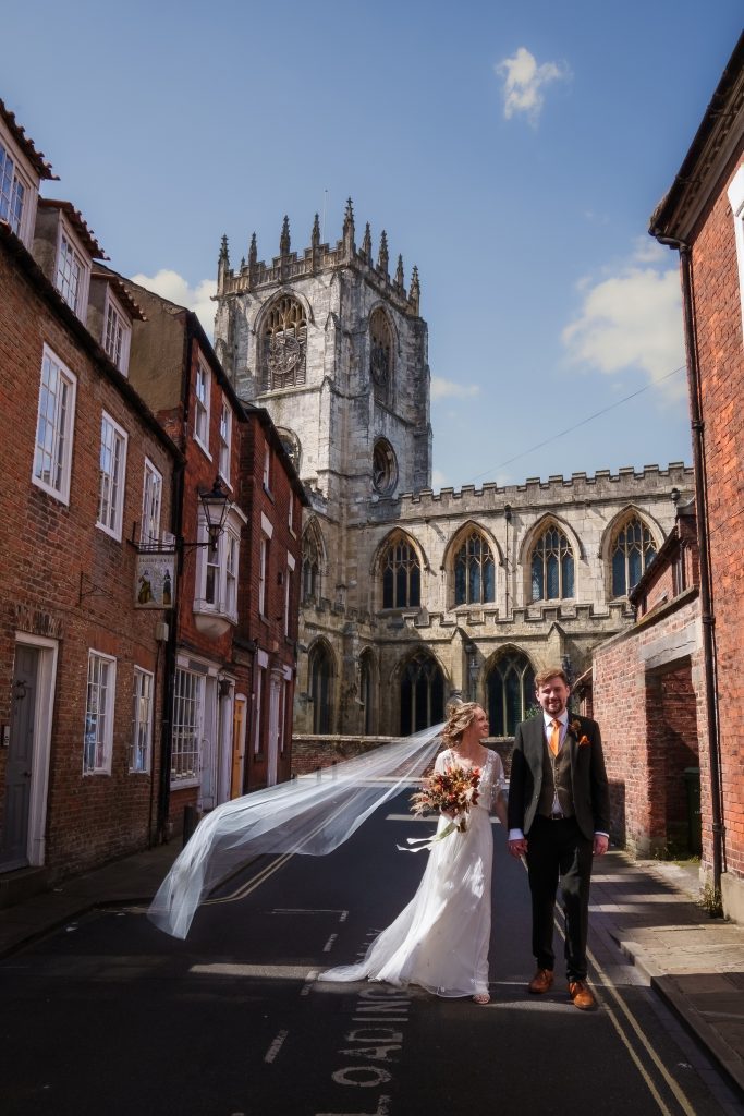 Ben and Fran after their wedding at St Mary's Church, Beverley.